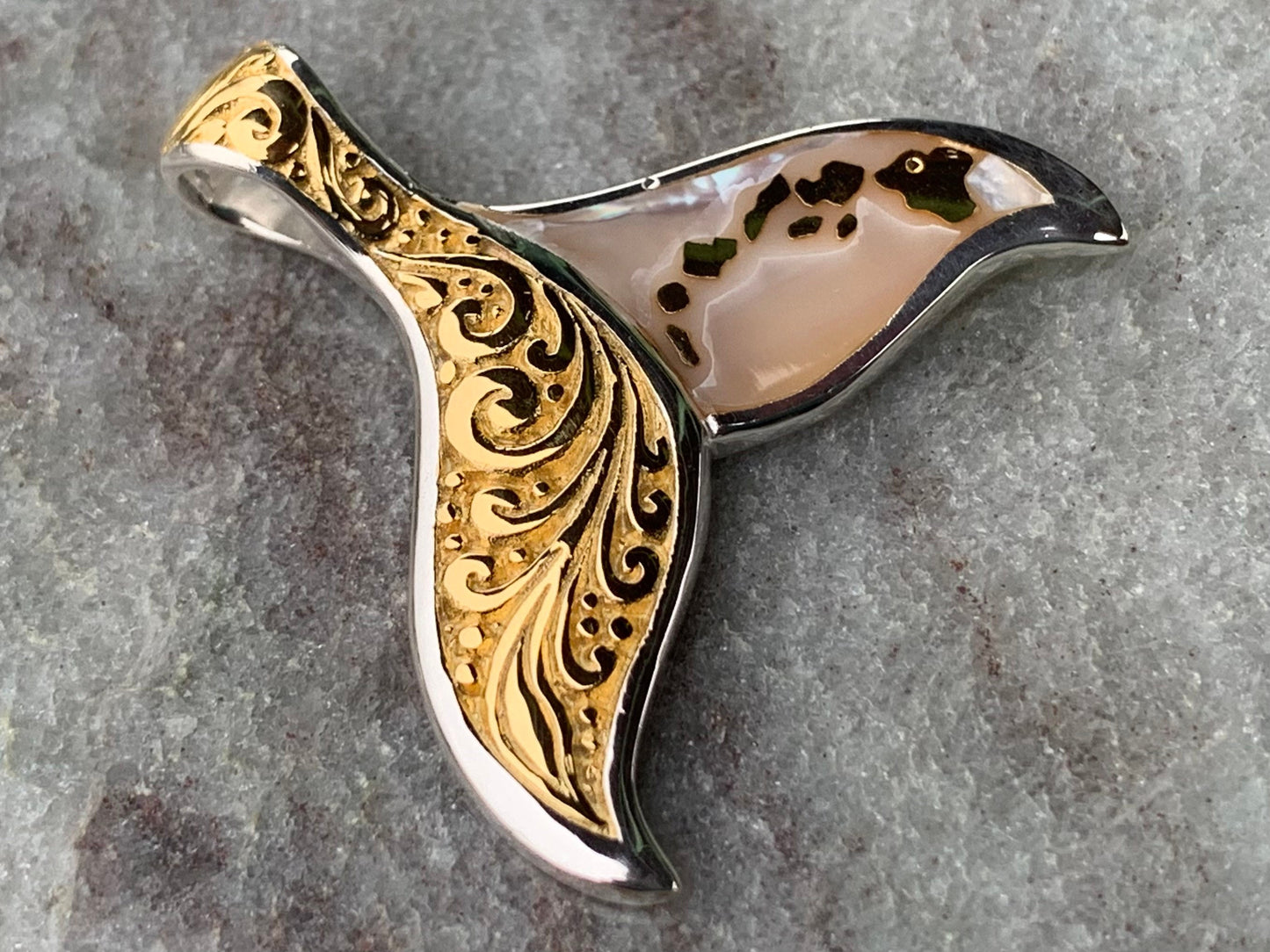 Hawaiian Islands Whale Tail Pendant Necklace. Kauai, Oahu, Maui, Big Island of Hawaii. Gold, Silver, Mother of Pearl.