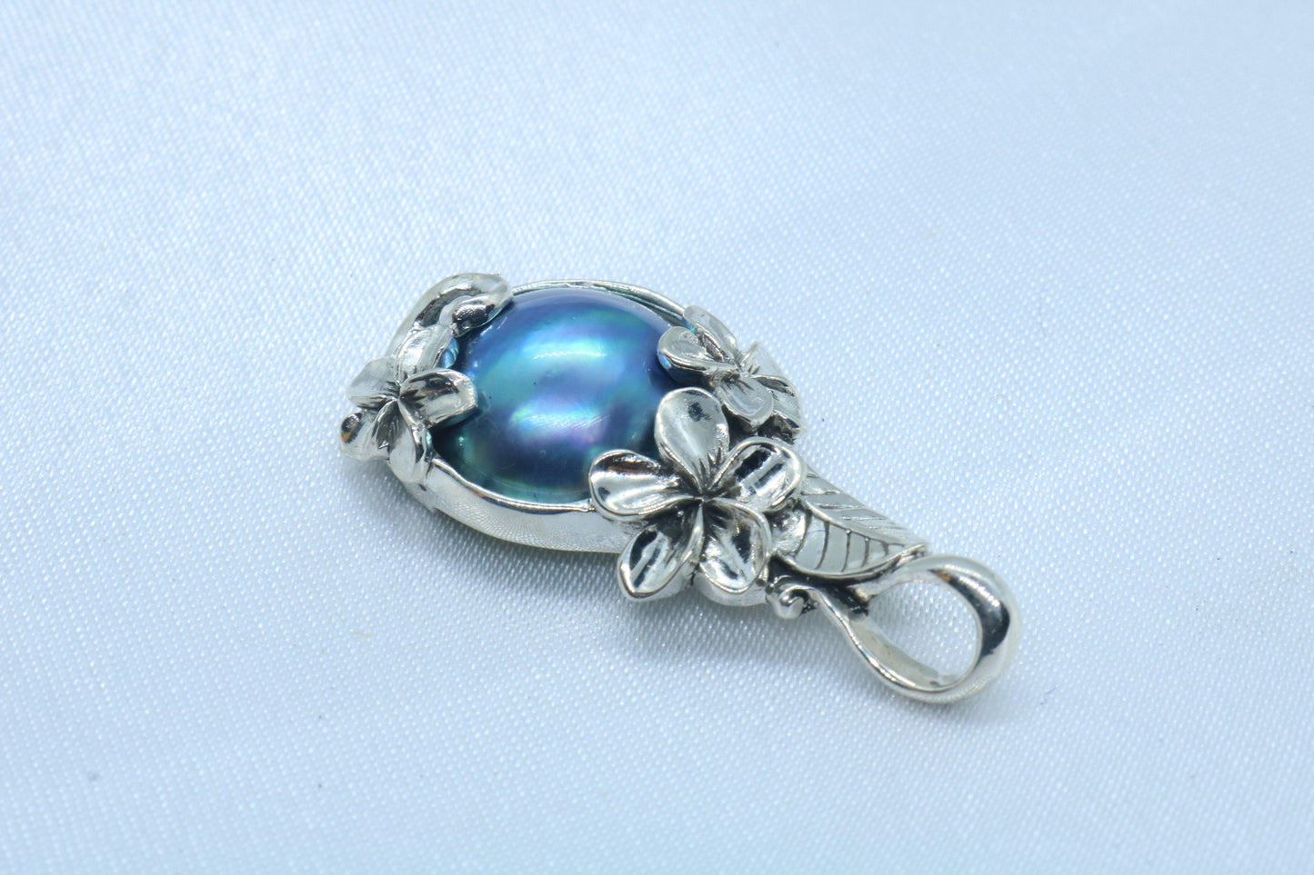 Plumeria Flower Blue Mabe Pearl Silver Pendant Necklace