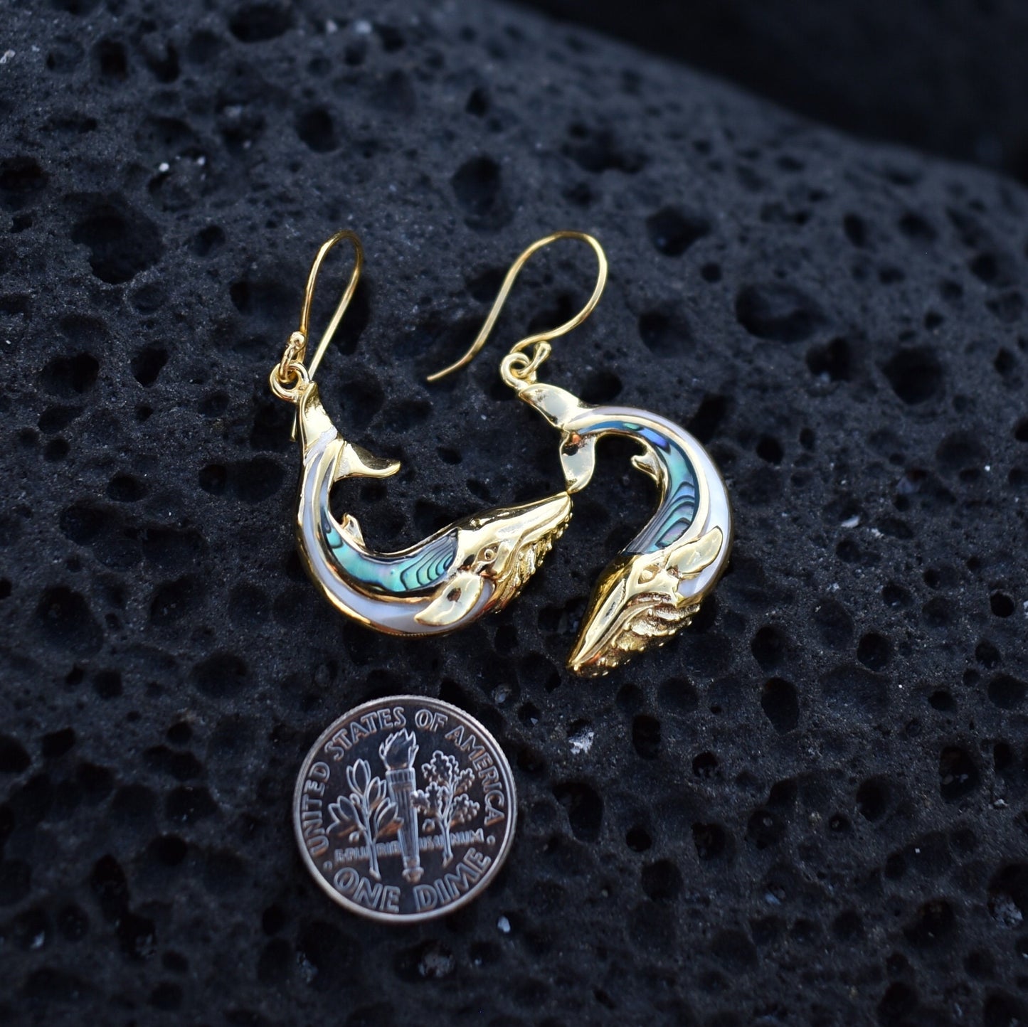18K Gold Vermeil Whale earrings. Abalone Shell. Mother of Pearl.