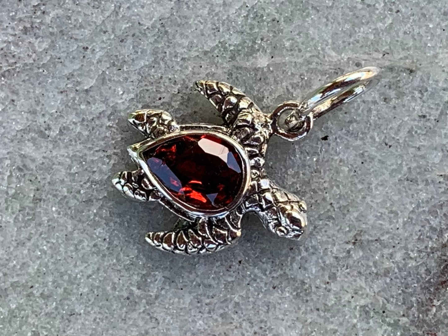 Honu Turtle Garnet Silver Charm Necklace Pendant