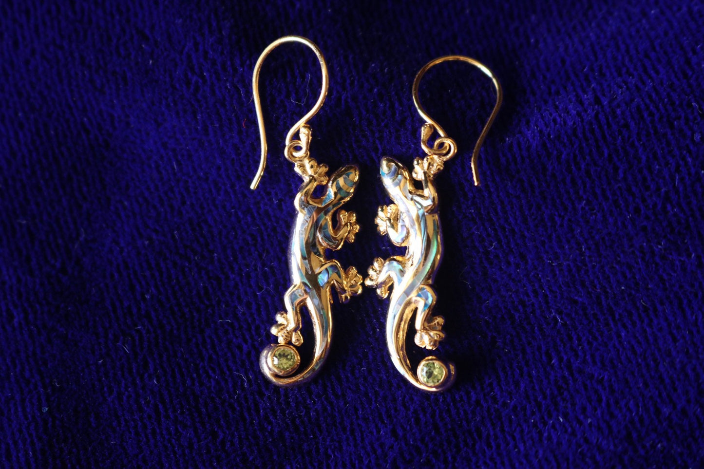 Hawaiian Gecko Lizard Salamander Earrings. Vermeil 18k Gold Silver Abalone Paua Shell Peridot.