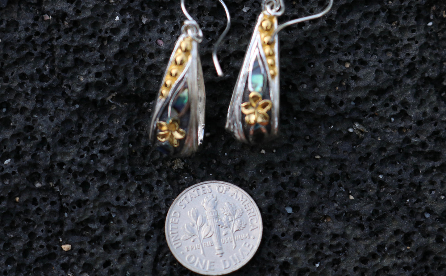 18K Gold Vermeil Plumeria Peridot Abalone Shell Hoop Earrings. Sterling Silver.