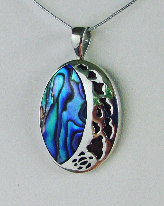 Hawaii Island Chain Turtle Necklace Pendant Small | Paua Abalone Shell | Sterling Silver | Ocean | Beach | Gift | Jewelry | Handmade Unique