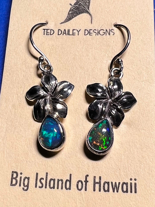 Opal Plumeria Flower Silver Earrings