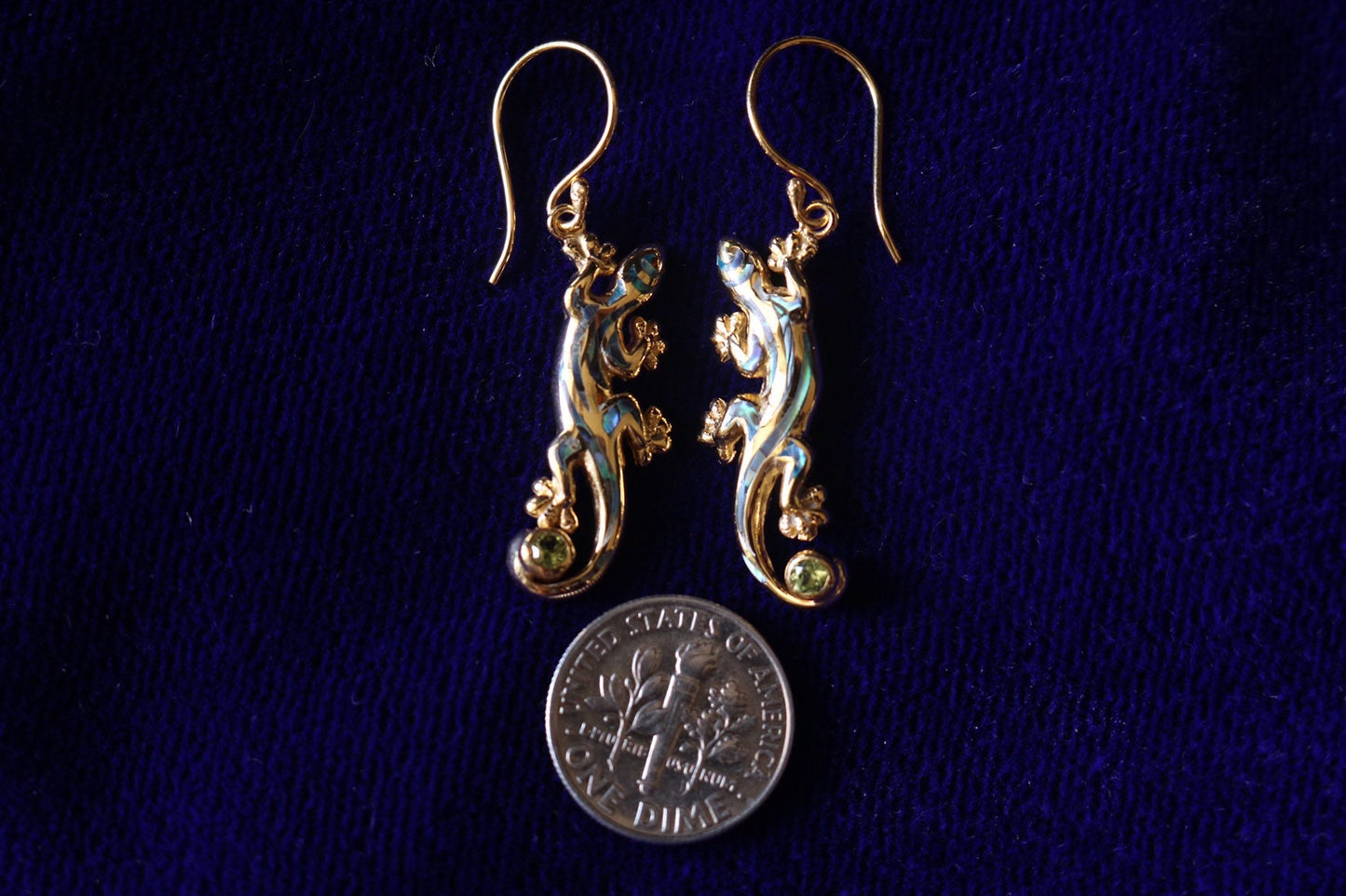 Hawaiian Gecko Lizard Salamander Earrings. Vermeil 18k Gold Silver Abalone Paua Shell Peridot.