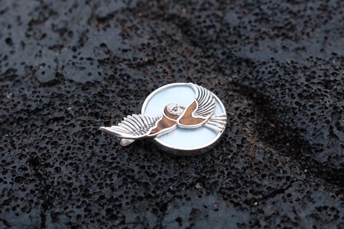 Moon Owl Hawaiian Pueo Aumakua Necklace Pendant. Hawaiian Koa Wood, Mother of Pearl, Sterling Silver.