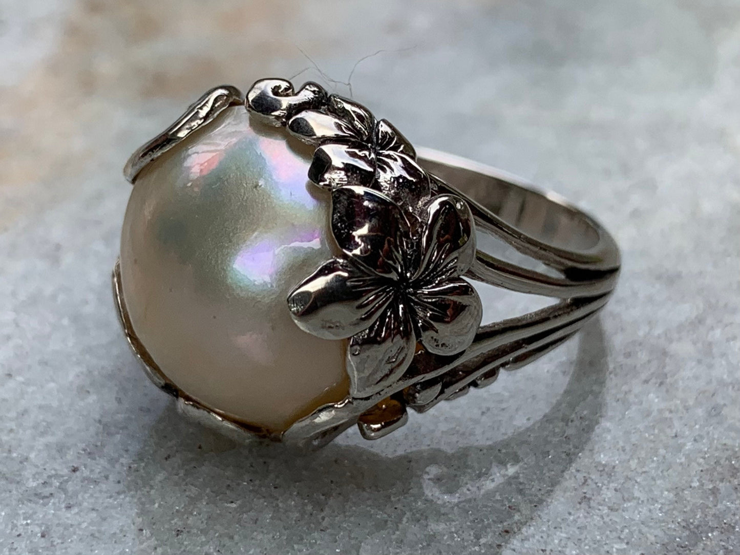 White Mabe Pearl Plumeria Flower Silver Ring