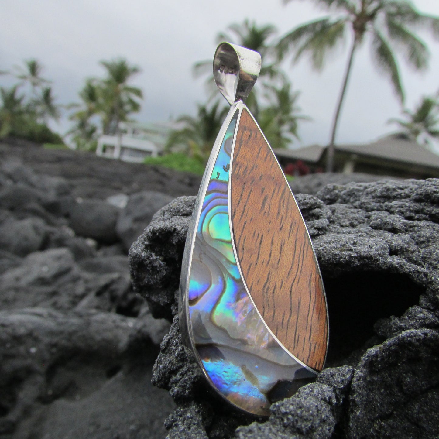 Teardrop Necklace Pendant | Koa Wood | Abalone Paua Shell | Sterling Silver | Gift | Jewelry | Handmade | Unique
