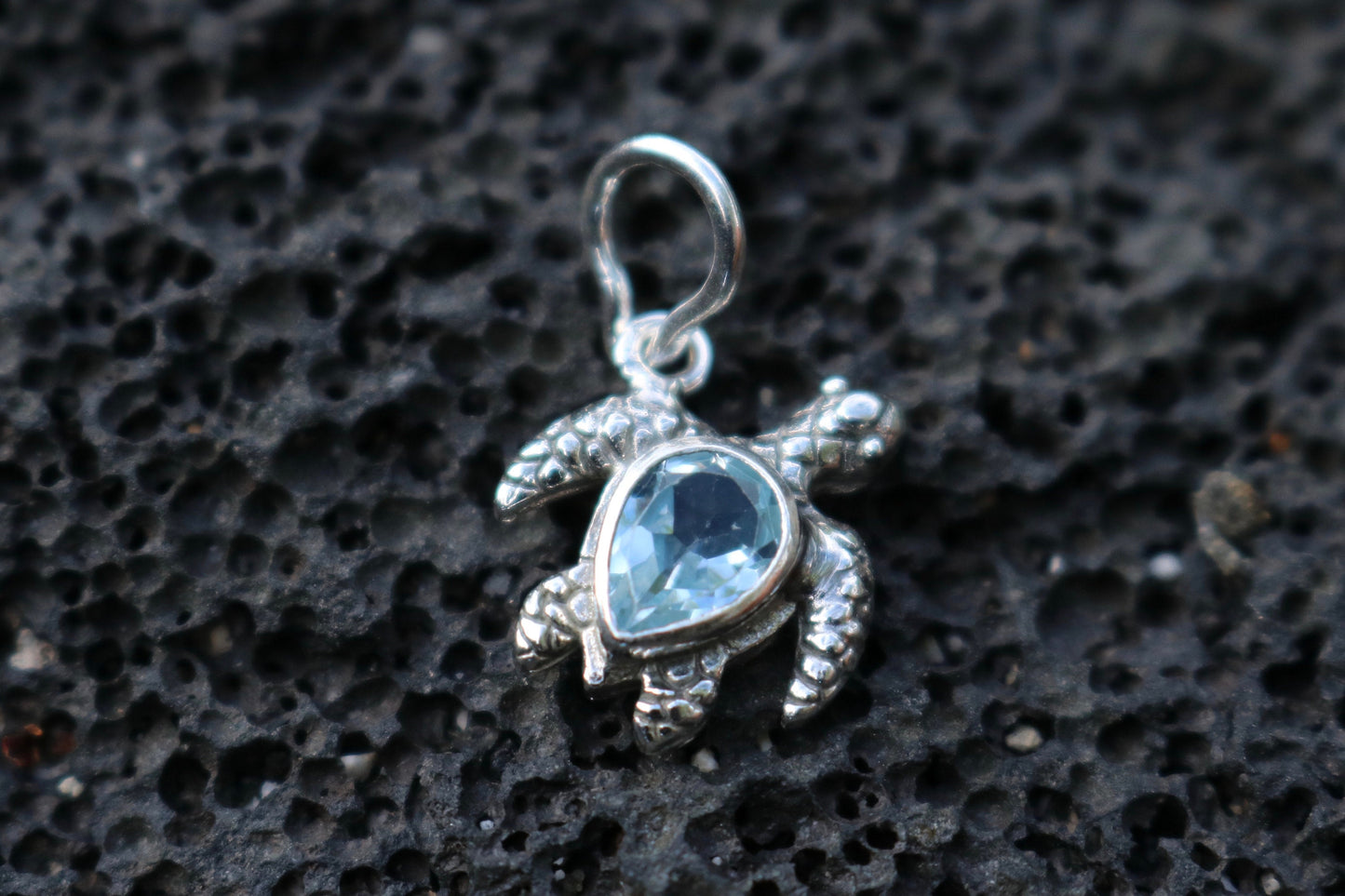 Turtle Charm Blue Topaz Necklace Pendant. Sterling Silver.
