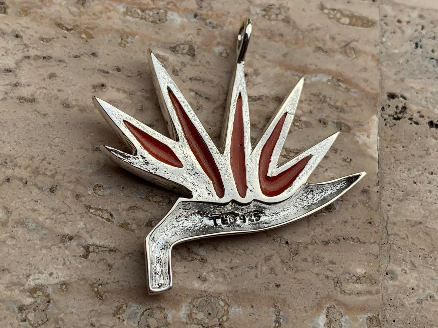 Bird of Paradise Flower Necklace Pendant. Red Coral, Sterling Silver, Abalone Shell.