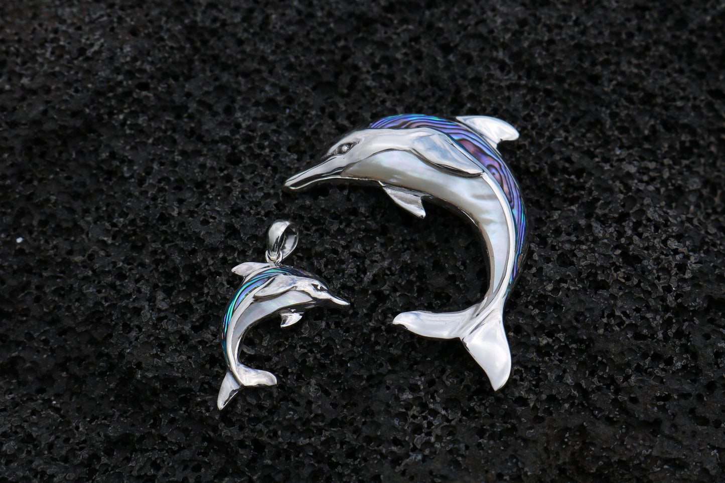 Aumakua Dolphin Necklace Pendant. Abalone Paua Shell, Mother of Pearl, Sterling Silver.