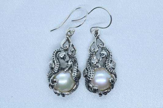 Seahorses Mabe White Pearl Silver Earrings
