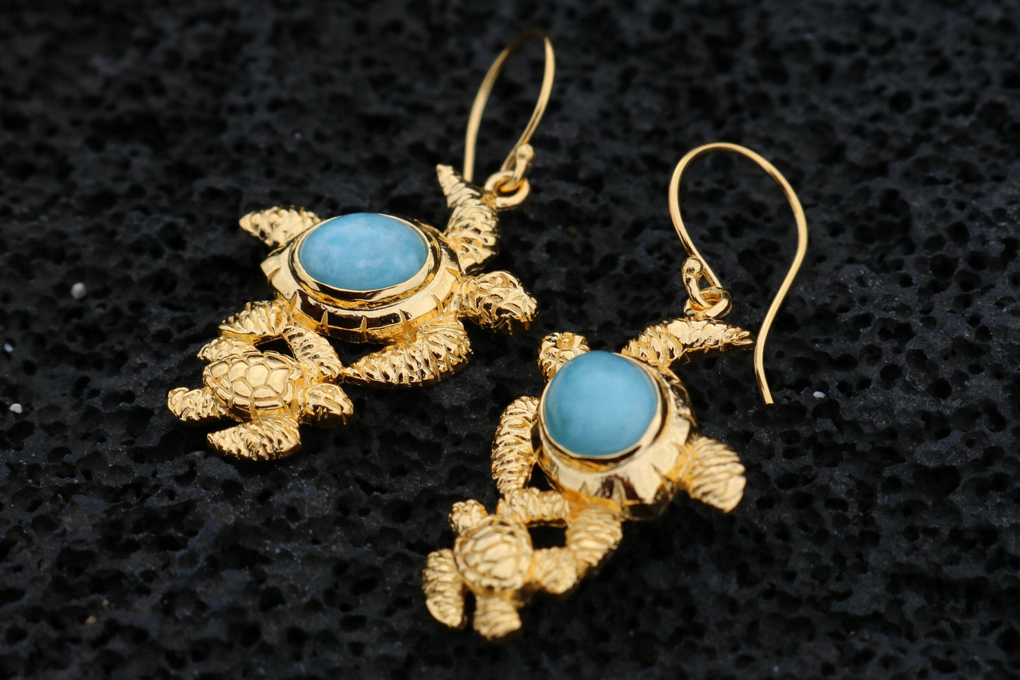Larimar Turtles 18K Gold Vermeil Dangle Drop Earrings. Sterling Silver.