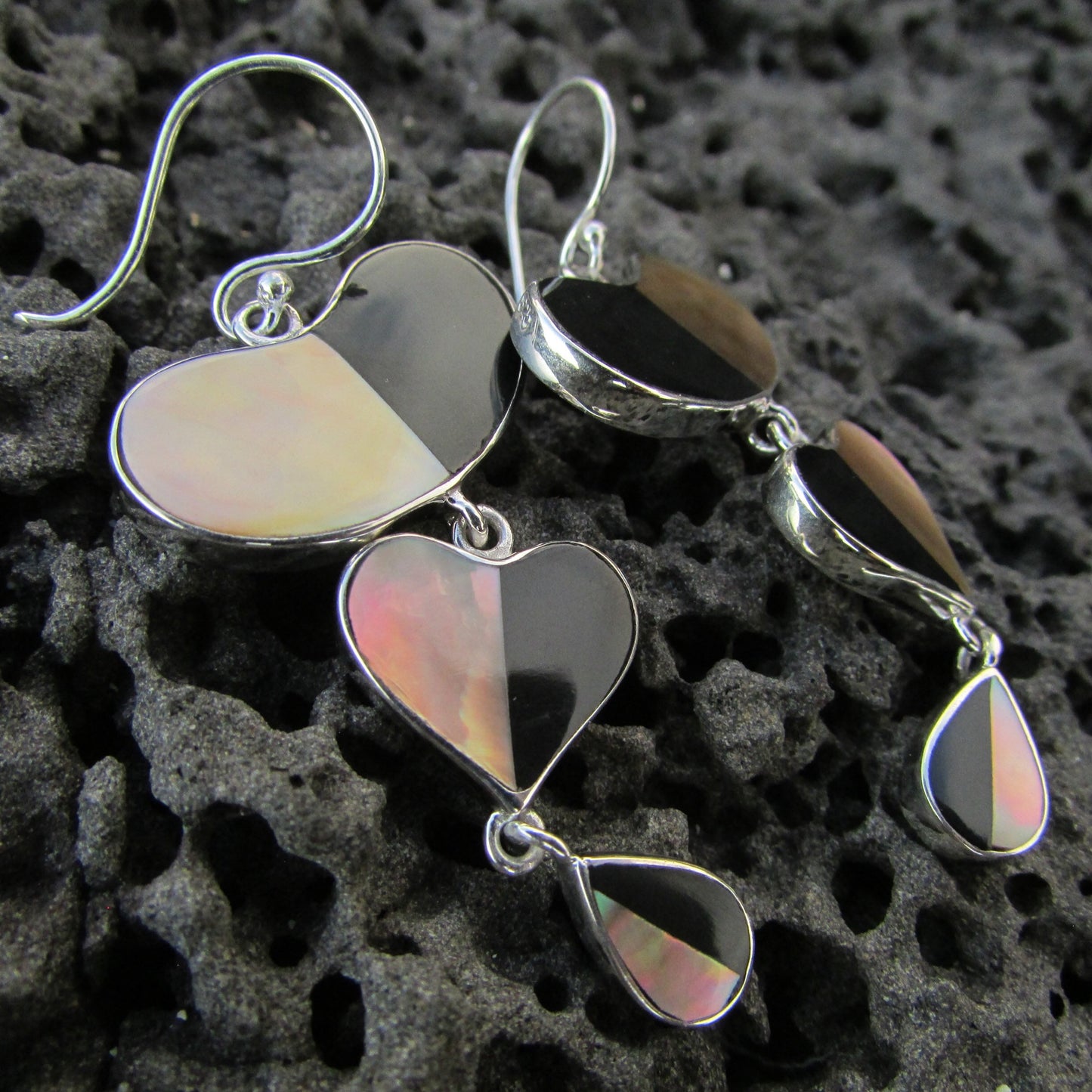 Heart Teardrop Earrings. Black Ouster, Mother of Pearl Shell. Sterling Silver.