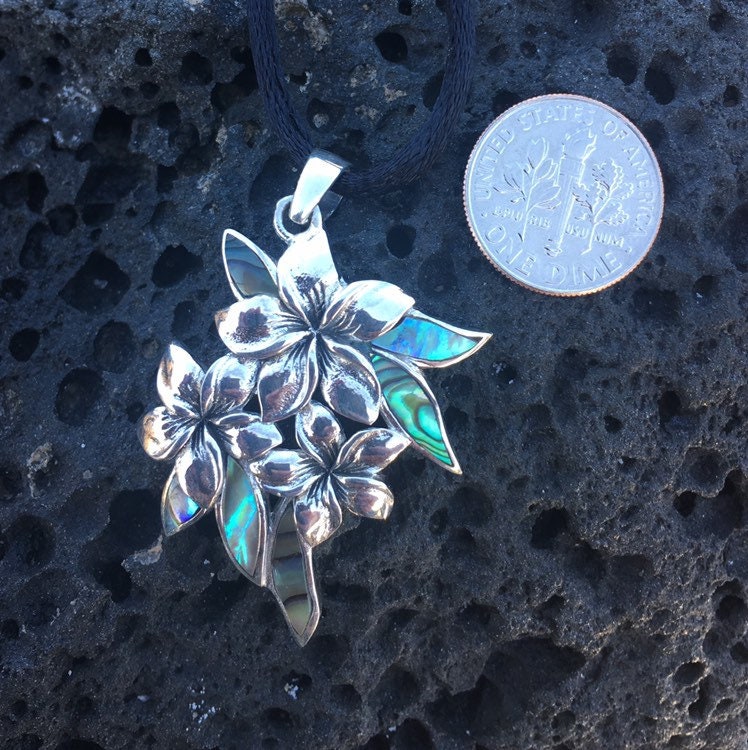 Plumeria Flowers Necklace Pendant. Abalone Paua Shell. Sterling Silver.