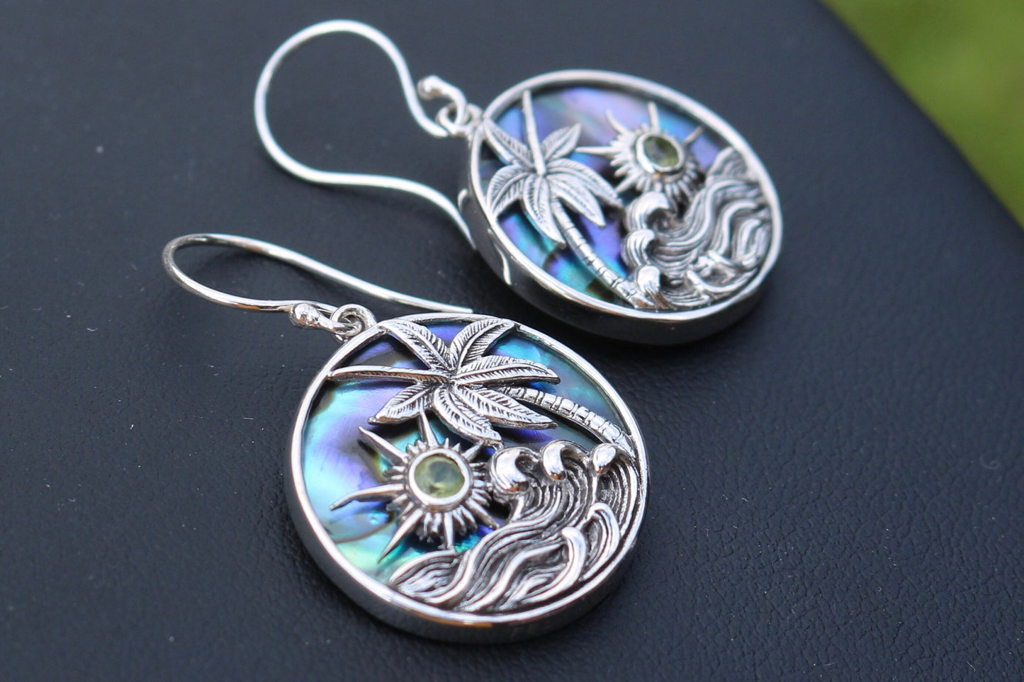 Hawaiian Sunset Wave Palm Tree Peridot Abalone Shell Earrings. Sterling Silver.