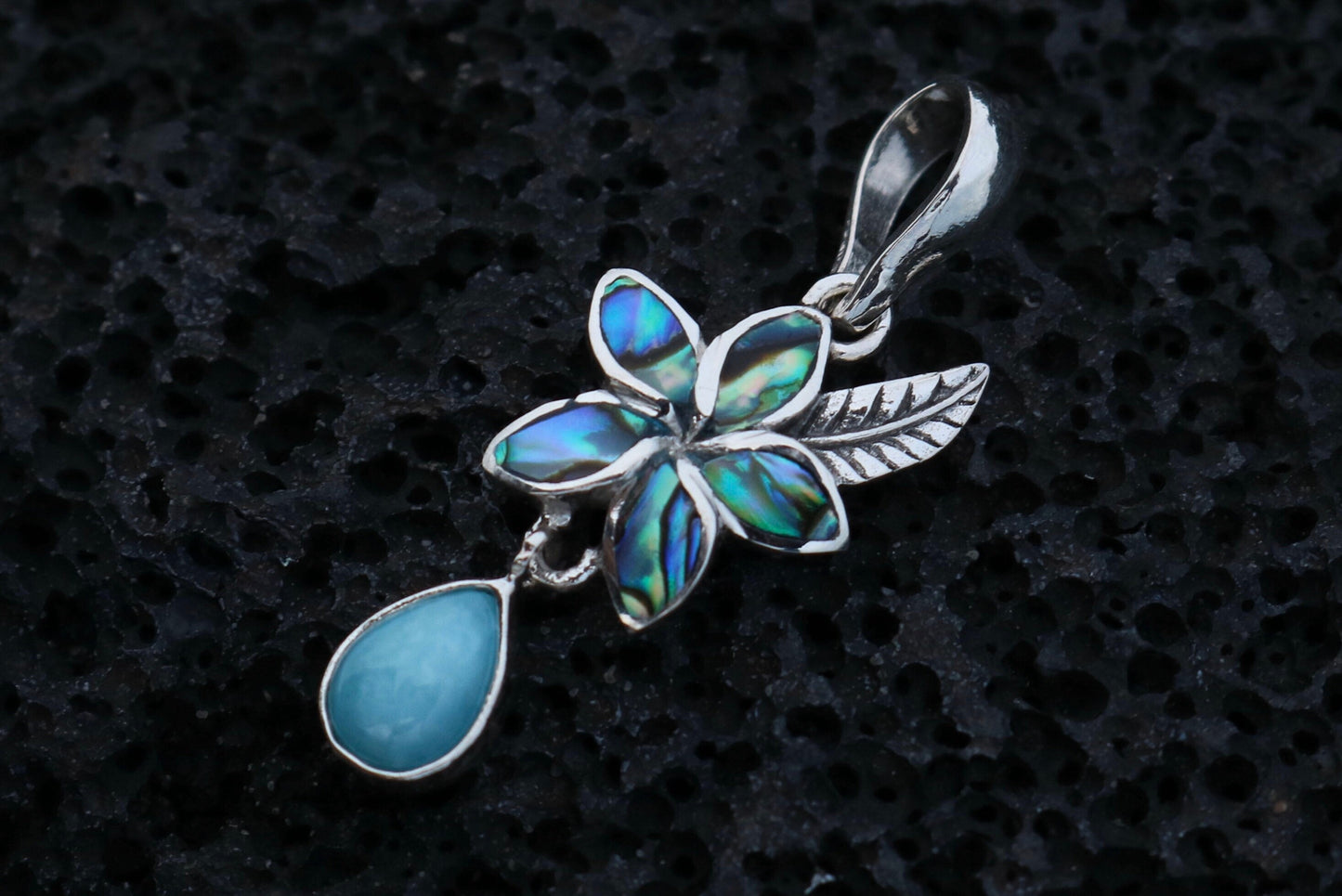 Plumeria Flower Larimar Teardrop Charm Pendant Necklace. Sterling Silver, Abalone Shell.