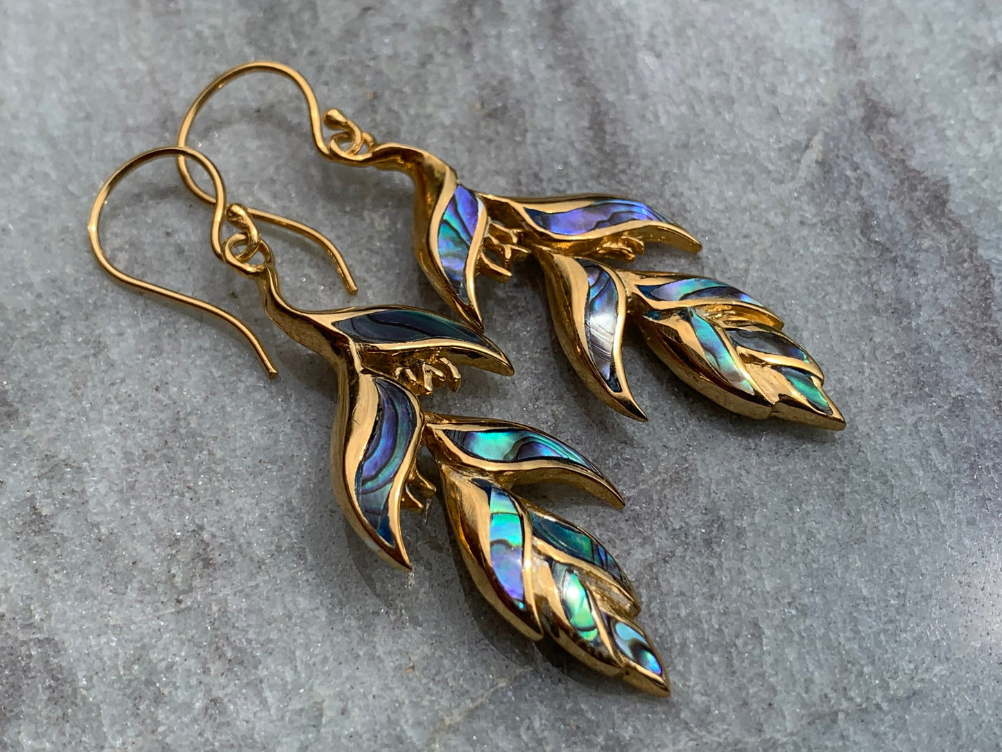 18K Gold Vermeil Heliconia Flower Earrings. Abalone Shell.