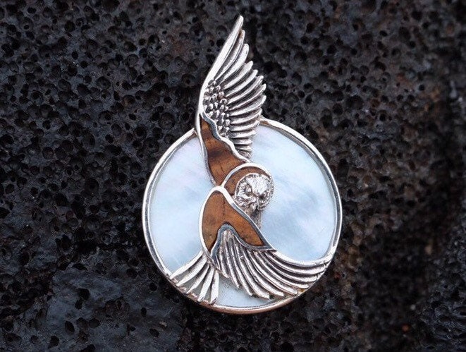 Moon Owl Hawaiian Pueo Aumakua Necklace Pendant. Hawaiian Koa Wood, Mother of Pearl, Sterling Silver.