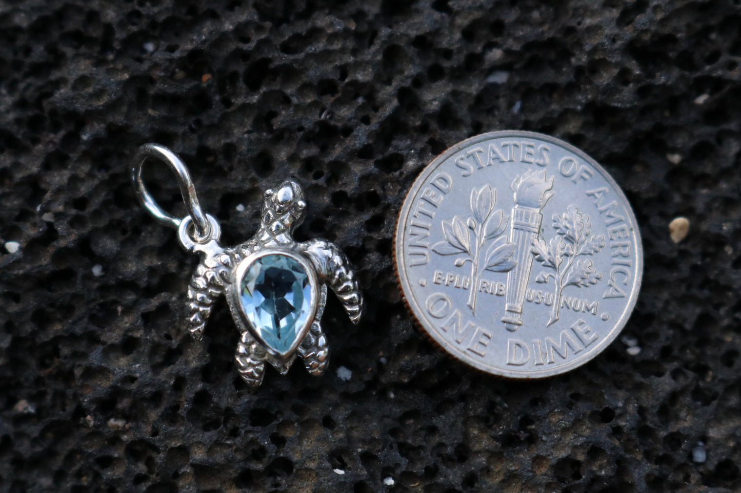 Turtle Charm Blue Topaz Necklace Pendant. Sterling Silver.