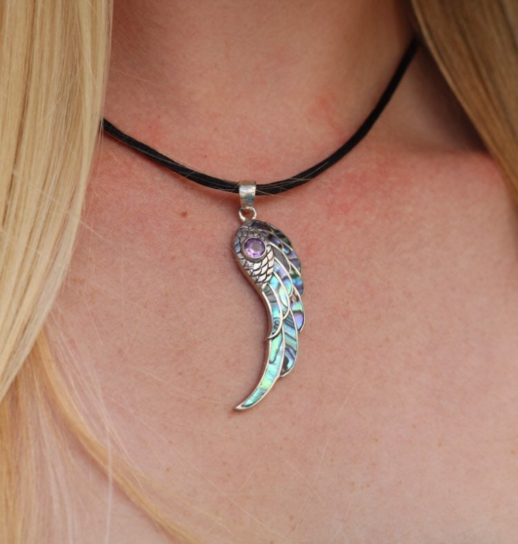 Angel Wing Necklace Pendant. Amethyst, Peridot or Blue Topaz. Abalone Paua Shell. Sterling Silver.