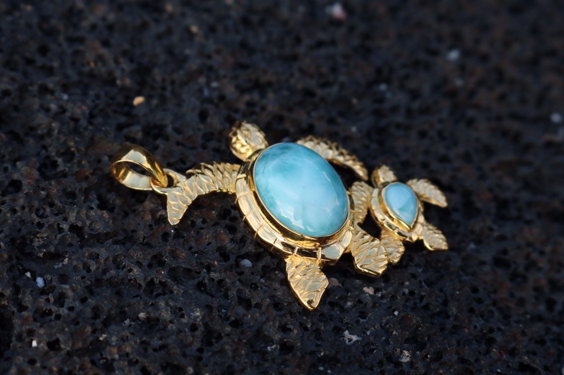 18K Gold Vermeil Larimar Turtle and Baby Necklace Pendant Jewelry.
