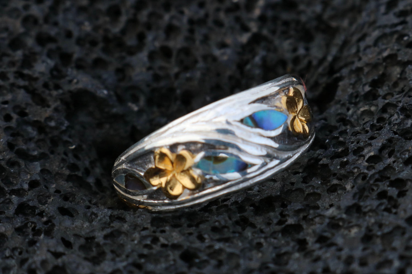18K Gold Vermeil Plumeria Ring. Sterling Silver, Abalone Shell.