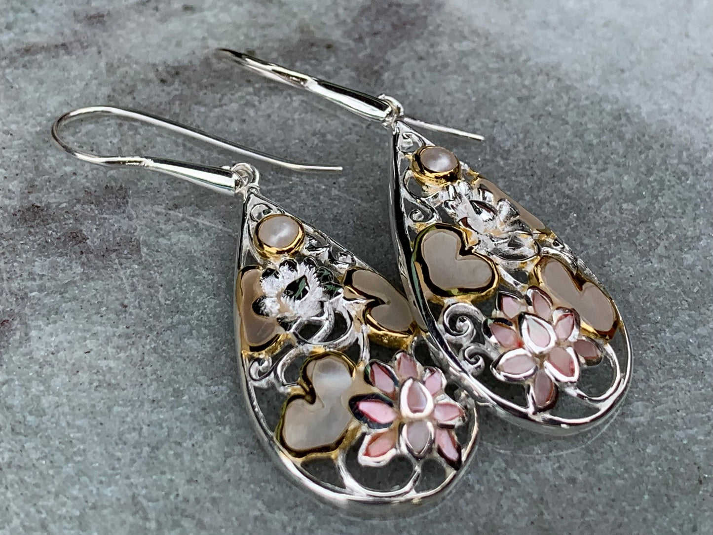 Pink Lotus Flower Teardrop Shell Earrings