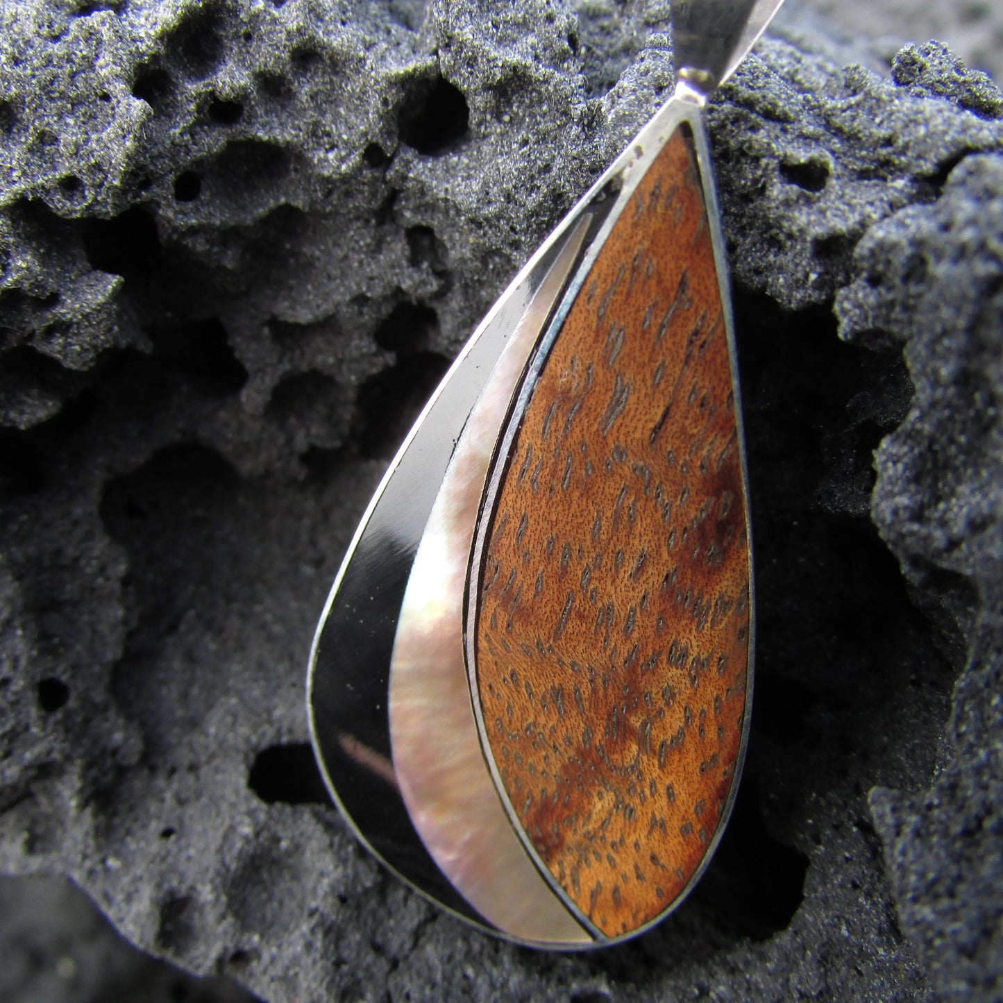 Teardrop Necklace Pendant | Black Ouster Shell | Sterling Silver | Koa Wood | Gift | Jewelry | Handmade | Unique