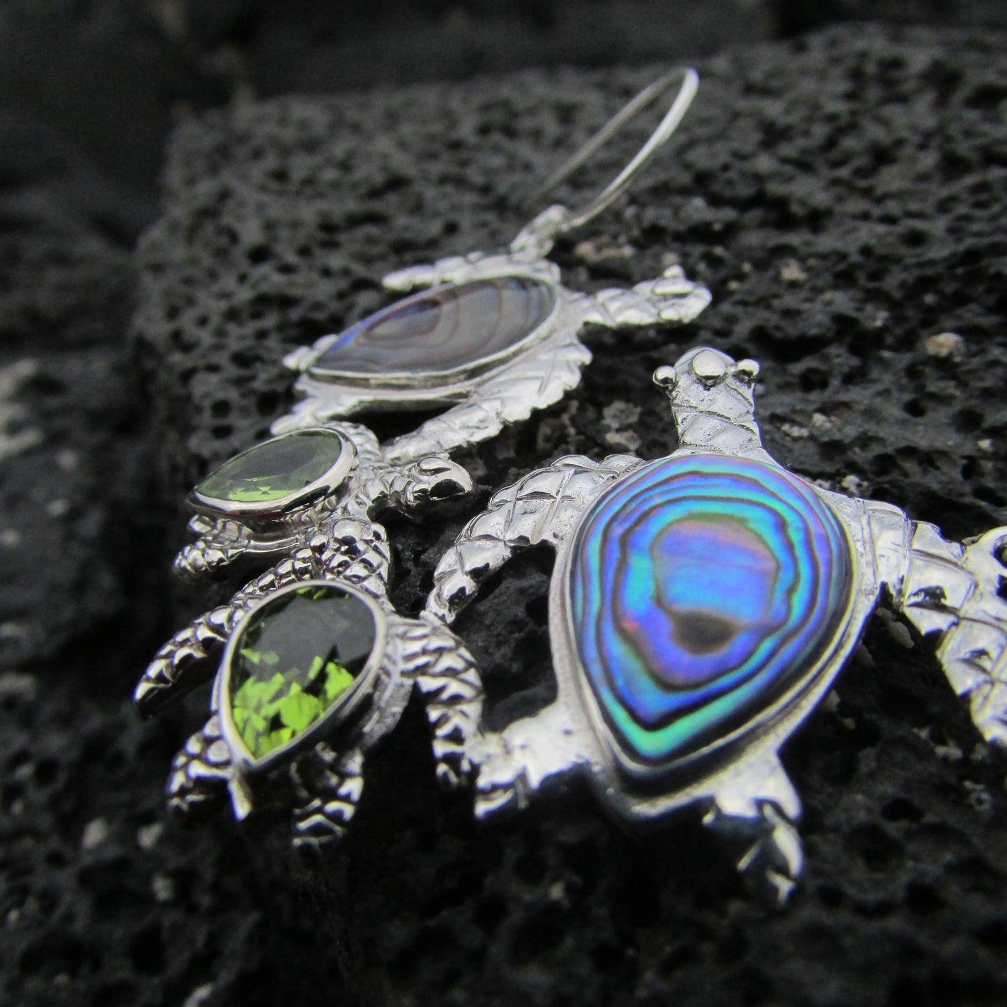 Sea Turtle Earrings | Paua Abalone Shell | Peridot | Sterling Silver | Ocean | Beach | Gift | Jewelry | Handmade | Unique