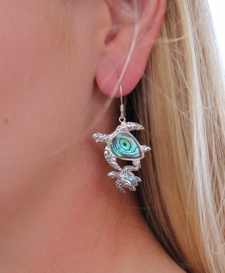 Sea Turtle Couple Earrings  | Abalone Paua Shell | Blue Topaz | Sterling Silver | Ocean | Beach | Gift | Jewelry | Handmade | Unique
