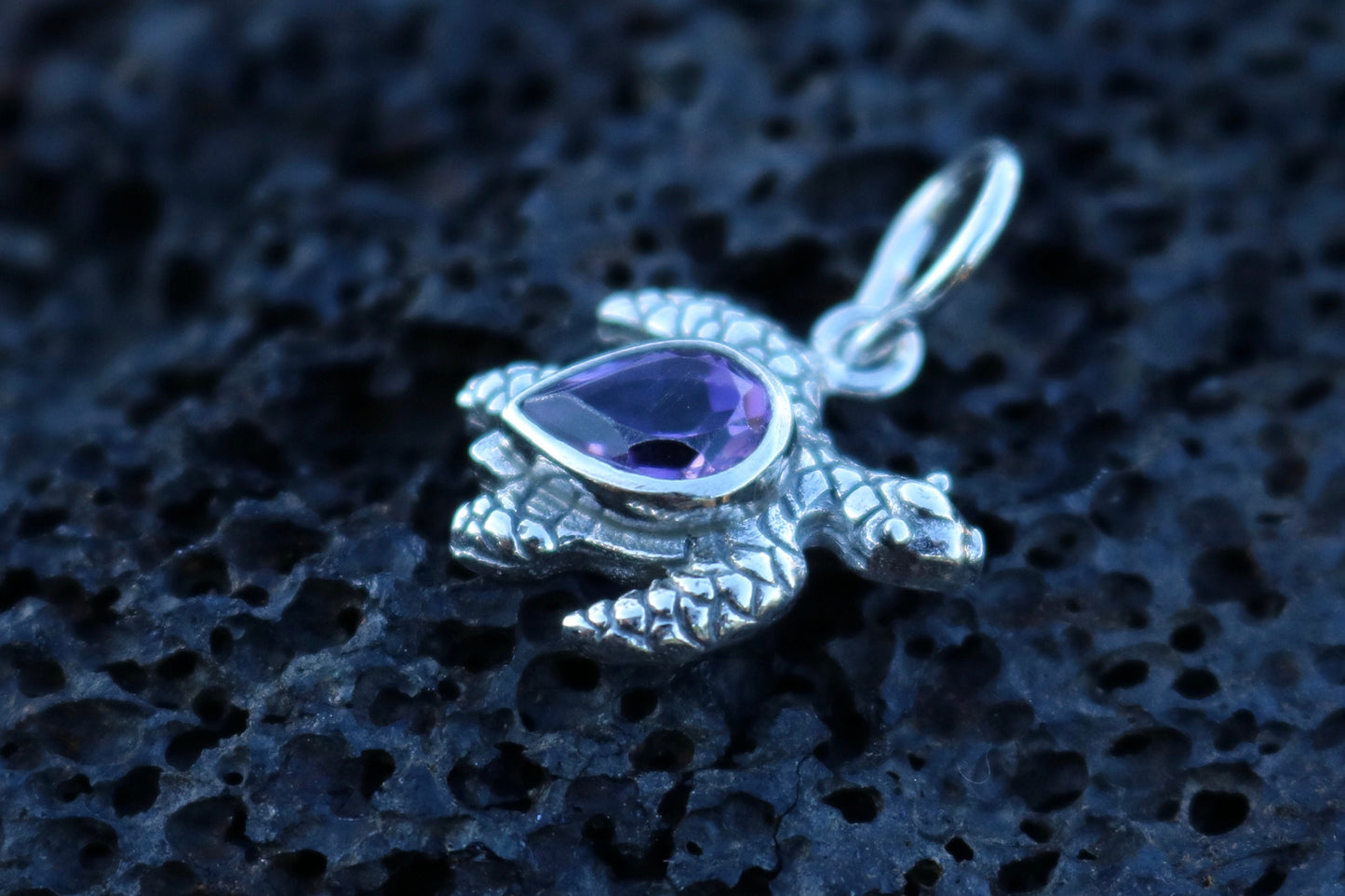Turtle Charm Amethyst Necklace Pendant. Sterling Silver.
