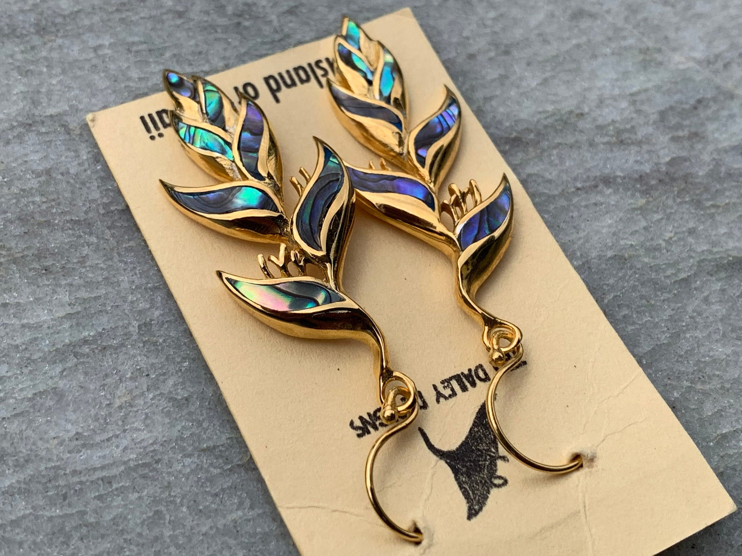 18K Gold Vermeil Heliconia Flower Earrings. Abalone Shell.