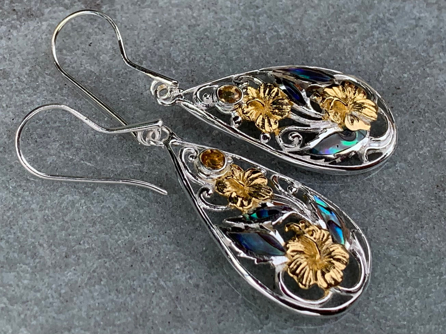 Hibiscus Flower Citrine Silver Gold Abalone Shell Earrings