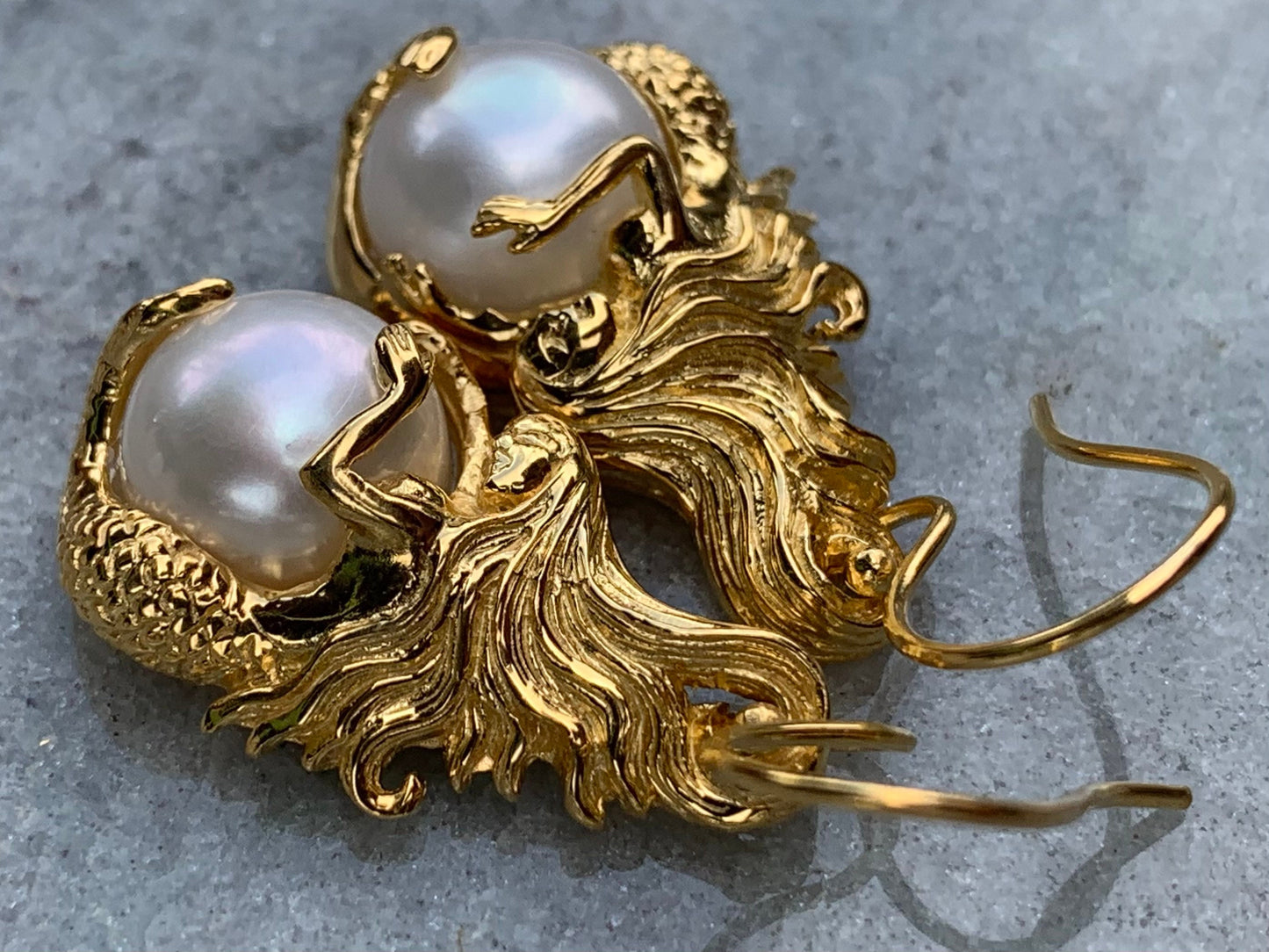 18k gold vermeil white mabe pearl mermaid earrings.