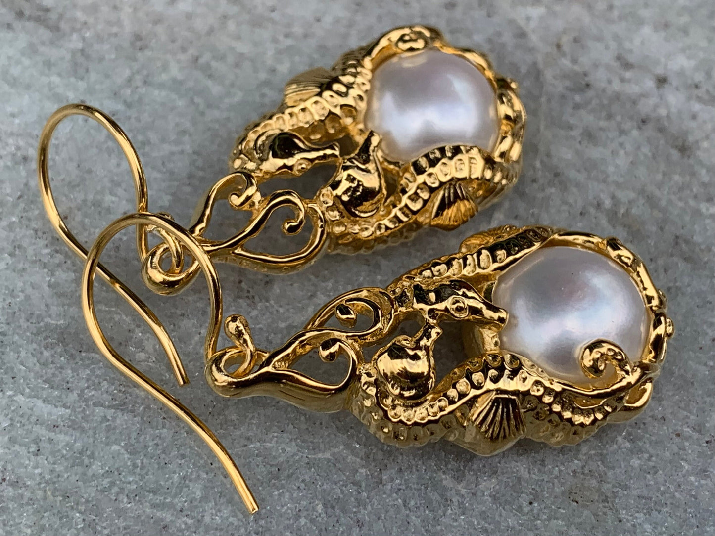 18k gold vermeil white mabe pearl seahorse earrings.
