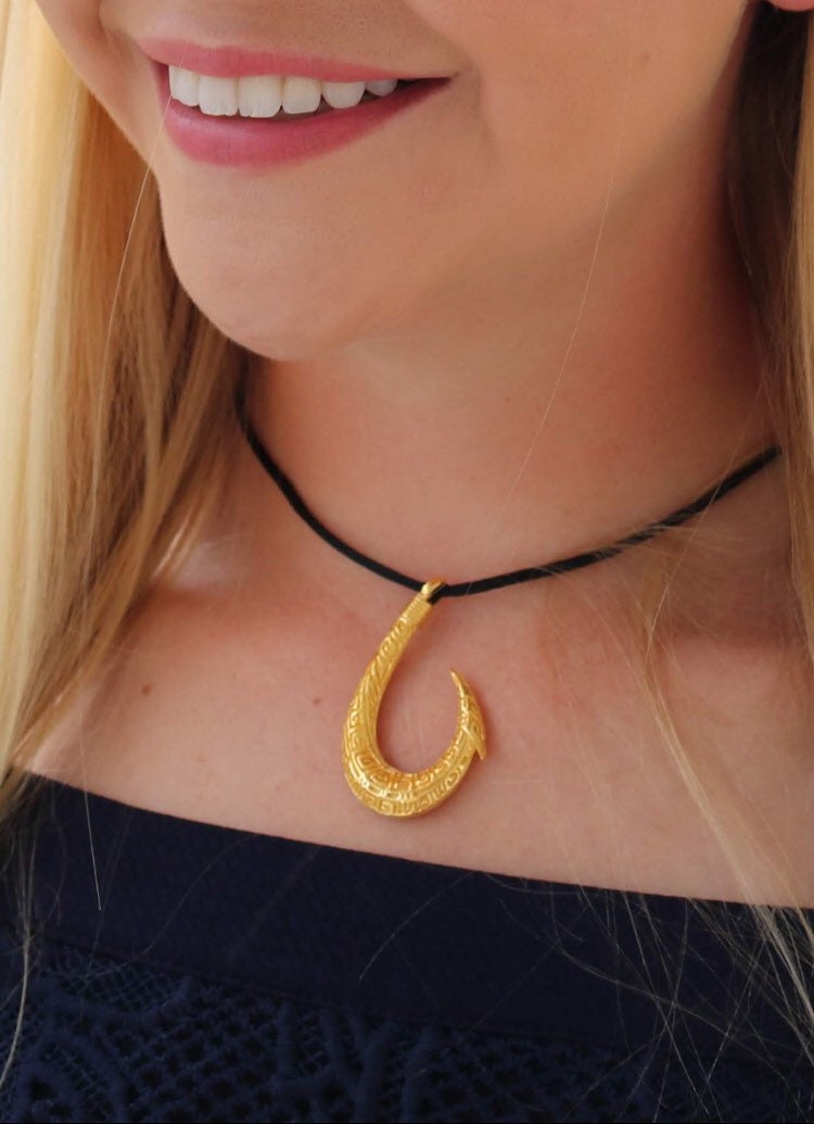Polynesian Tribal Maui 18K Gold Vermeil Fishing Hook Necklace Pendant.