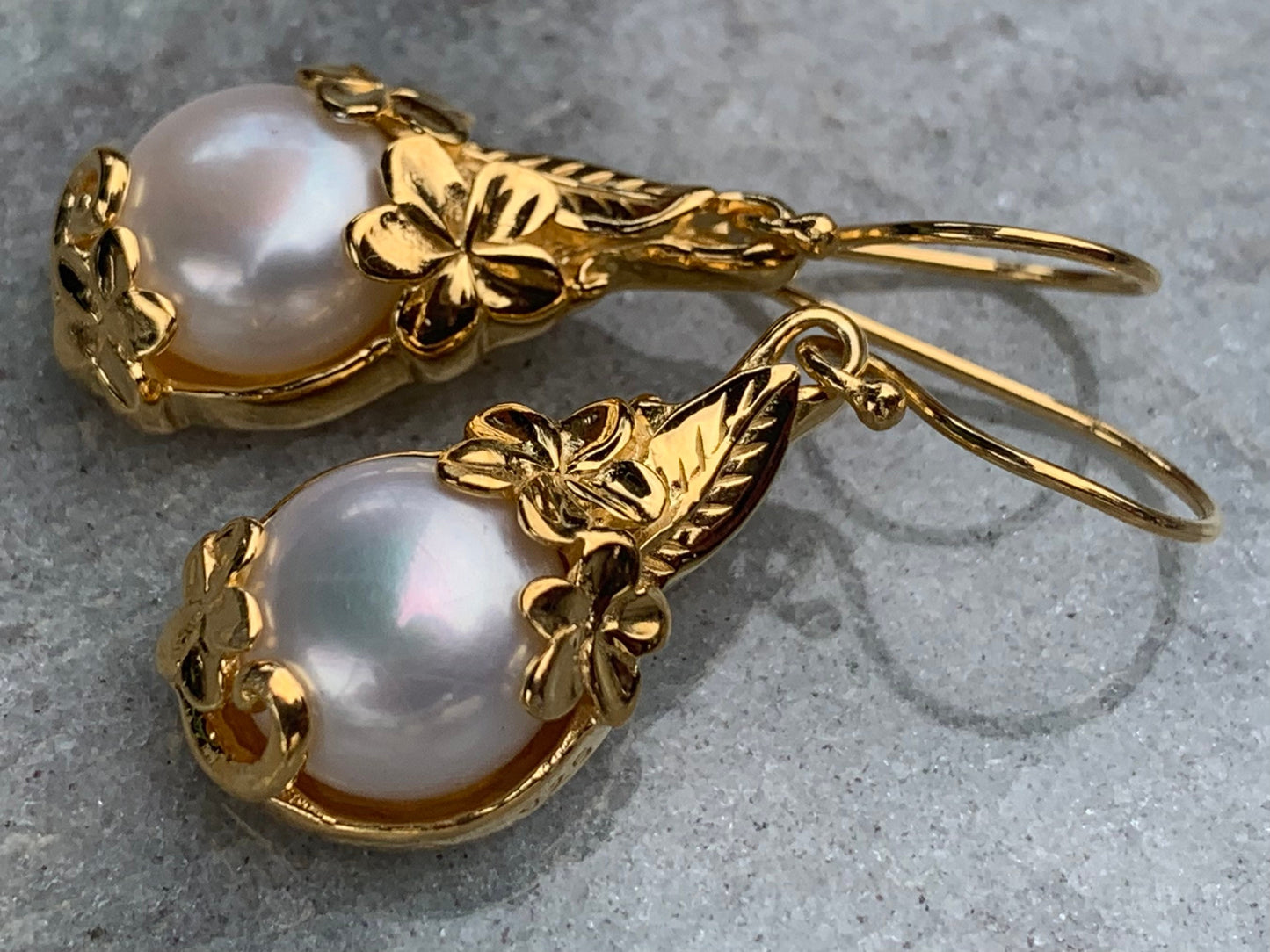 18k gold vermeil white mabe pearl plumeria flower earrings.
