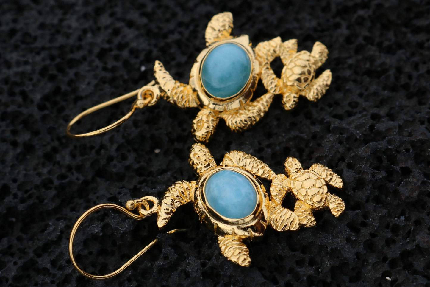 Larimar Turtles 18K Gold Vermeil Dangle Drop Earrings. Sterling Silver.
