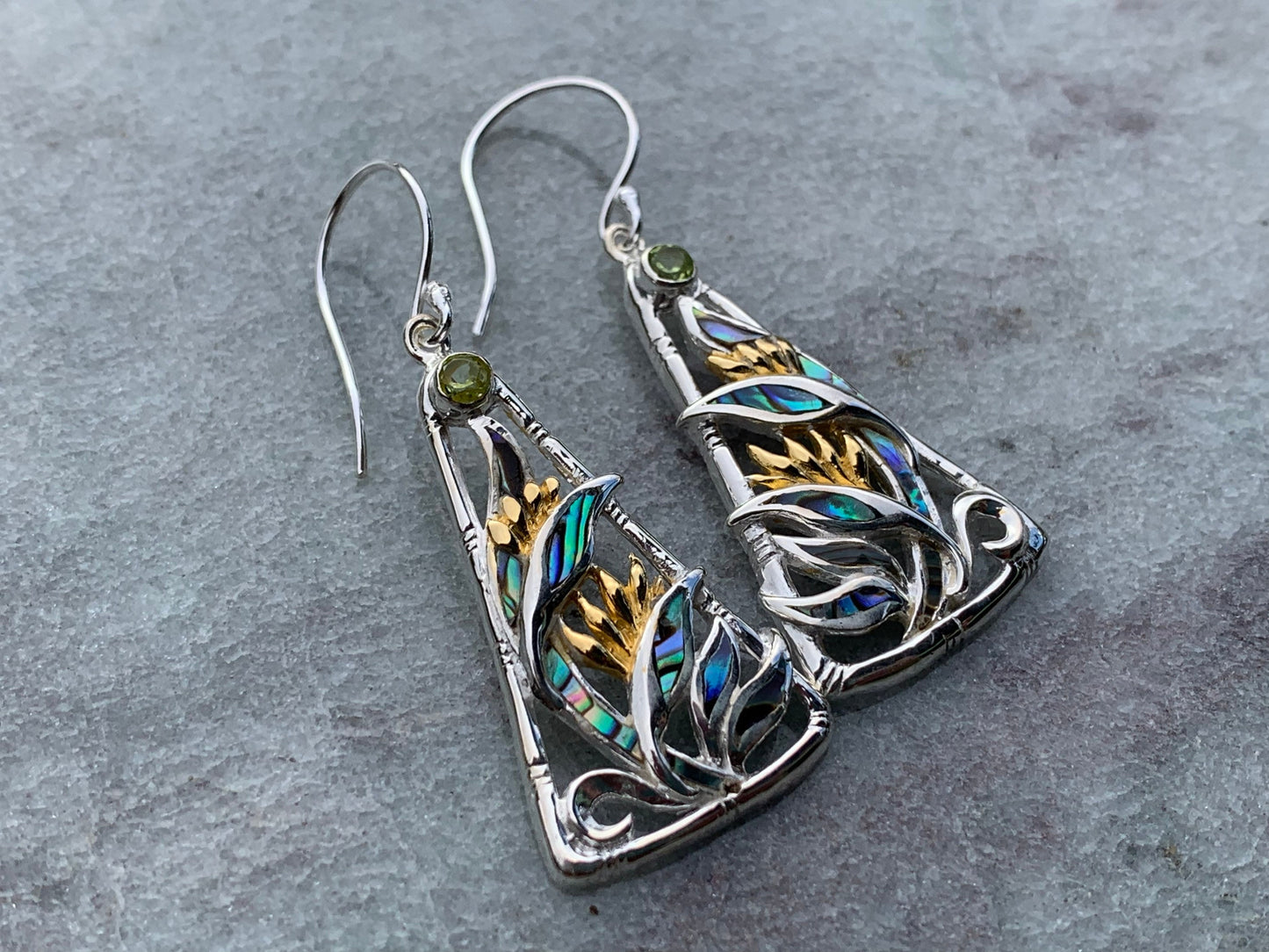 Bird of Paradise Flower Blue Peridot Silver Gold Shell Earrings