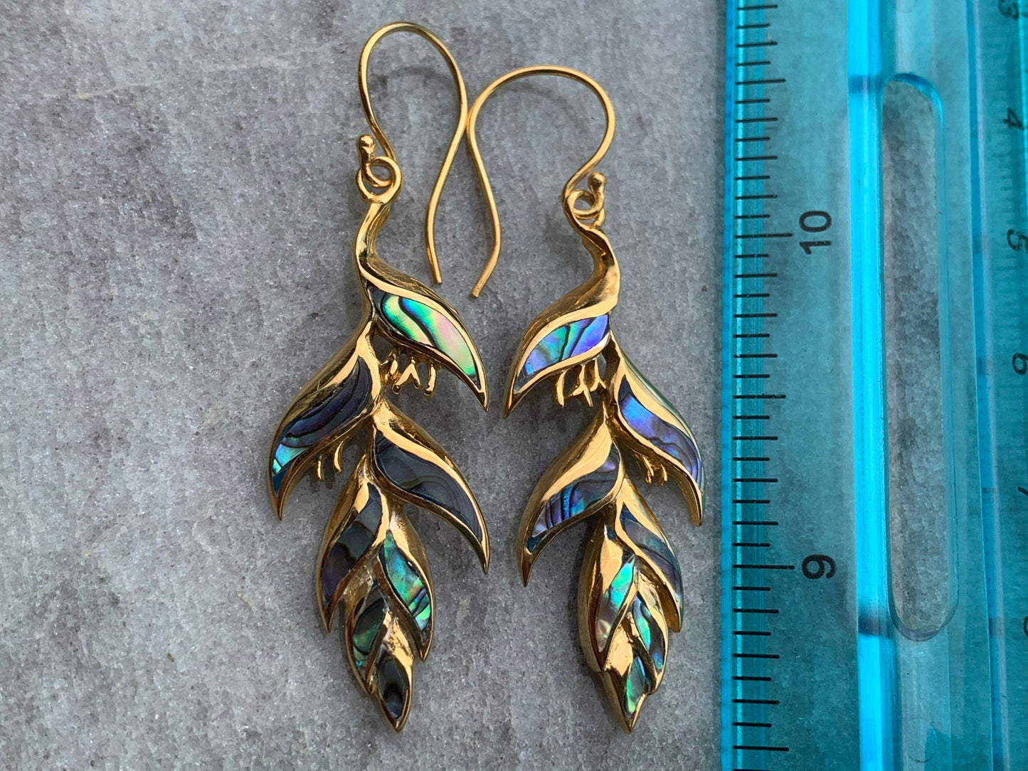 18K Gold Vermeil Heliconia Flower Earrings. Abalone Shell.