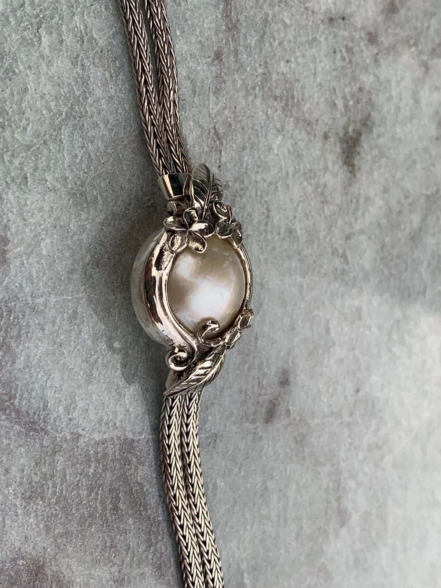 Plumeria Flower White Pearl Mabe Silver Bracelet.