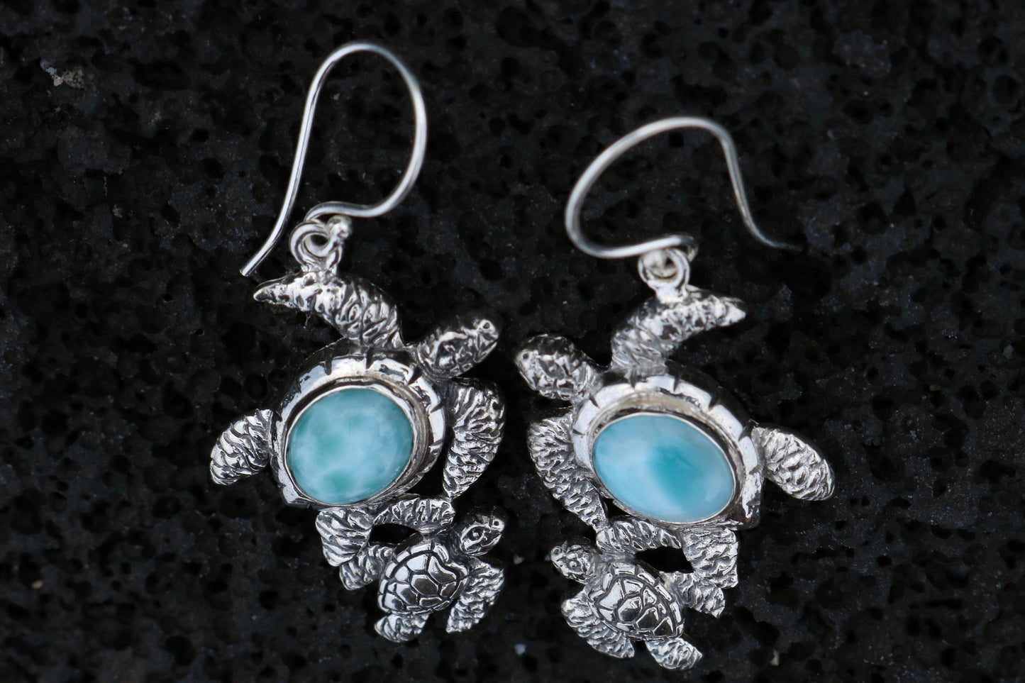 Larimar Turtles Dangle Drop Earrings. Sterling Silver.
