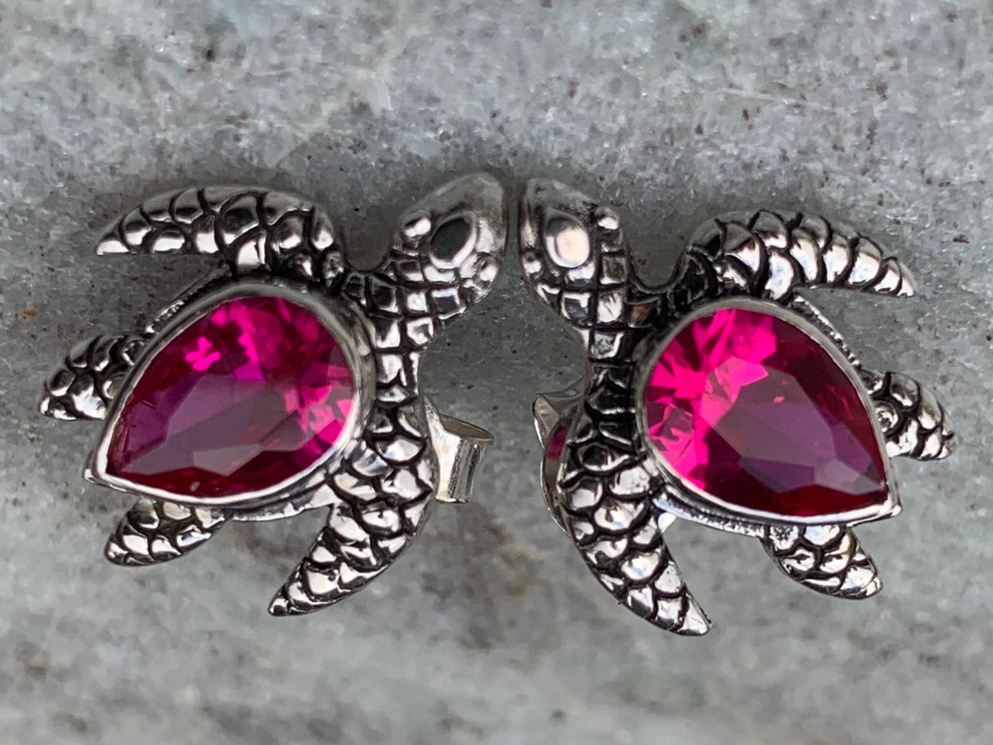 Ruby turtle earrings studs. Sterling silver.
