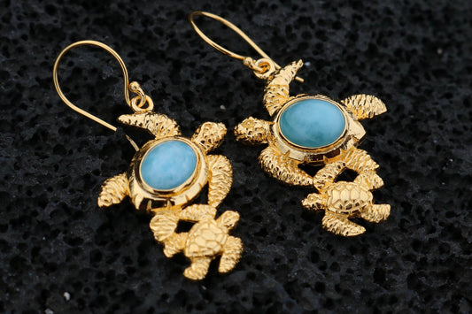 Larimar Turtles 18K Gold Vermeil Dangle Drop Earrings. Sterling Silver.