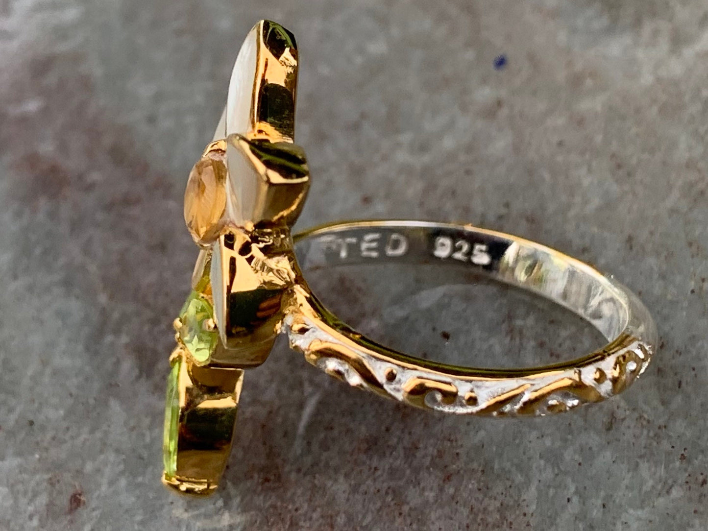 Plumeria Flower Ring. Gold, Silver, Citrine, Peridot, Mother of Pearl.