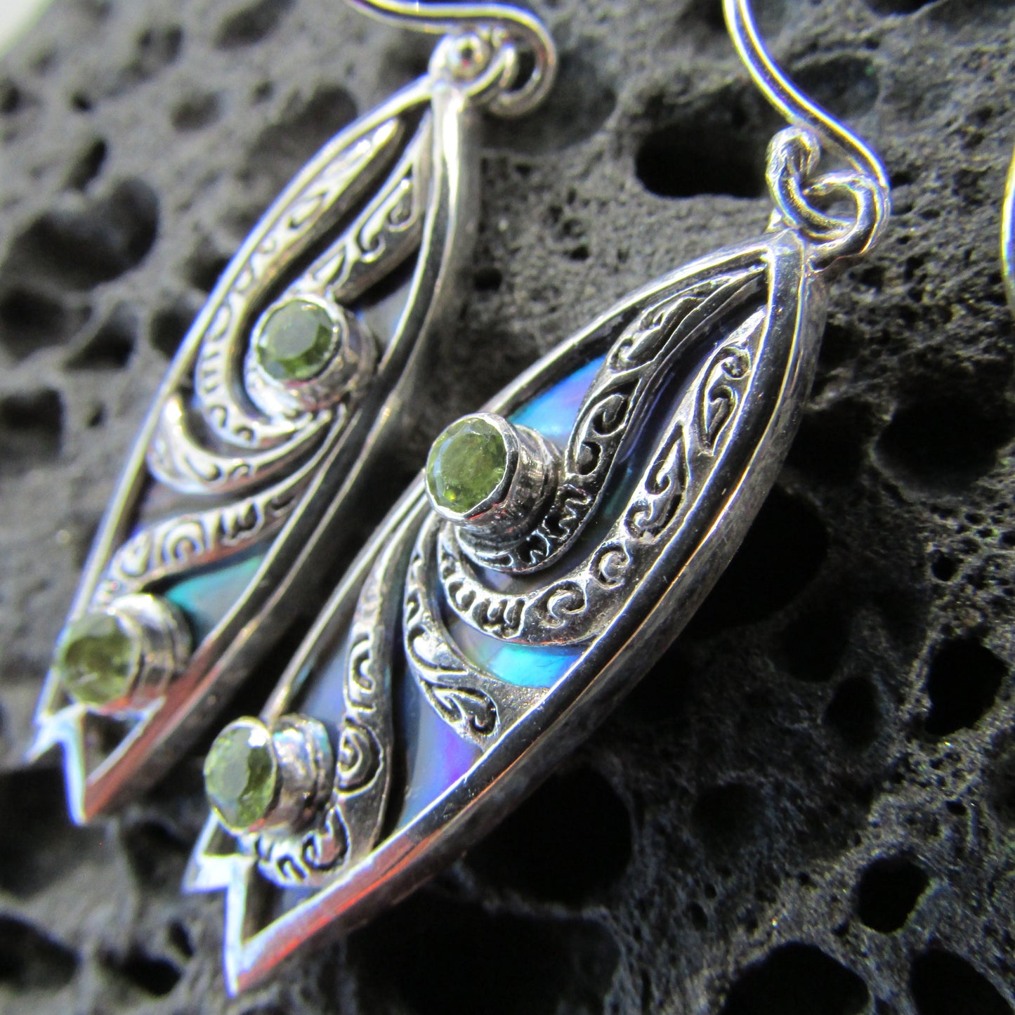 Surfboard Earrings with Polynesian Tattoo Design. Peridot. Abalone Paua Shell. Sterling Silver.