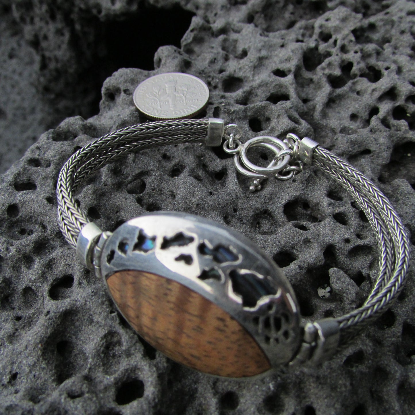 Hawaii Islands Woman's Bracelet (8 Islands) with Turtle Honu | Hawaiian Koa Wood | Abalone Paua Shell | Sterling Silver