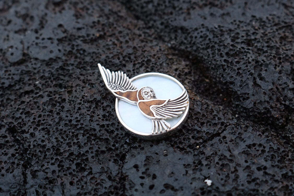 Moon Owl Hawaiian Pueo Aumakua Necklace Pendant. Hawaiian Koa Wood, Mother of Pearl, Sterling Silver.