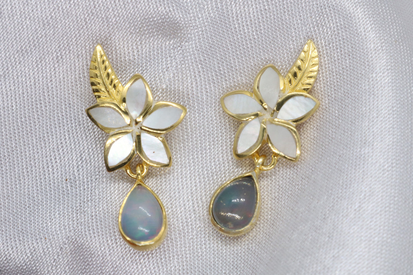 Opal Plumeria Flower 18K Gold Mother of Pearl Stud Earrings